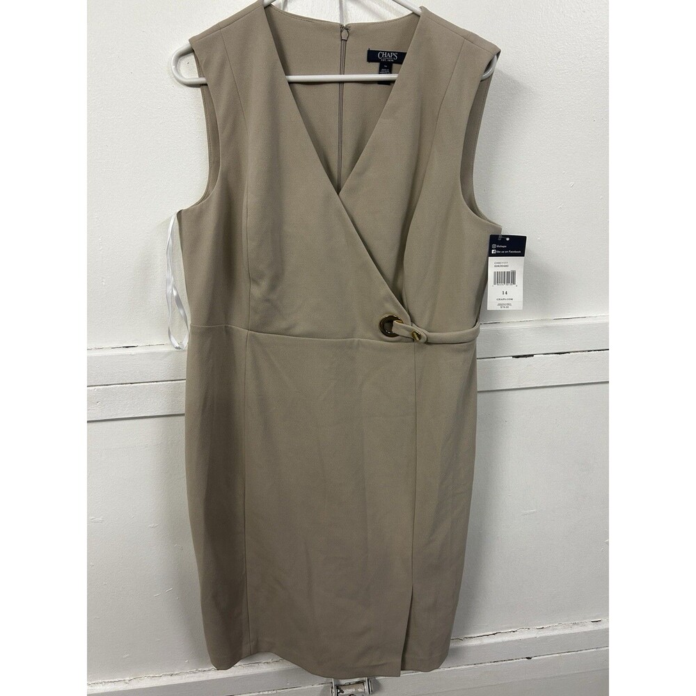 Chaps Women's Khaki Belted Wrap Sheath Dress‎ - Size 14 NWT Beige Gold Accent